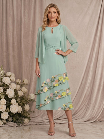 2 Pieces A-Line/Princess Scoop Chiffon Mother of the Bride Dresses with Jacket Tea-Length 3/4 Sleeves Floral