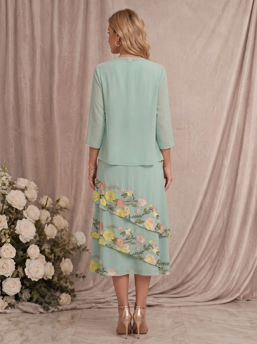 2 Pieces A-Line/Princess Scoop Chiffon Mother of the Bride Dresses with Jacket Tea-Length 3/4 Sleeves Floral
