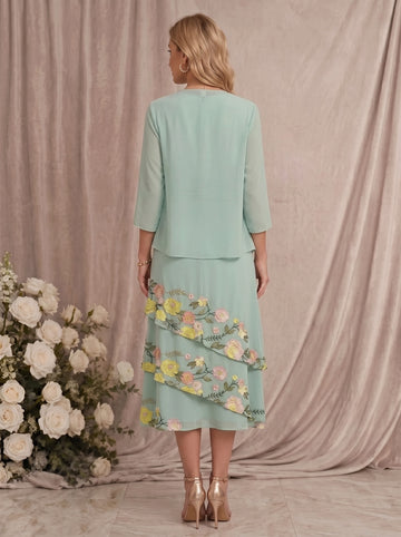 2 Pieces A-Line/Princess Scoop Chiffon Mother of the Bride Dresses with Jacket Tea-Length 3/4 Sleeves Floral