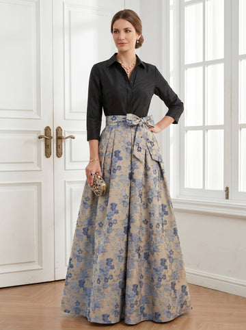A-Line/Princess Shirt Collar Jacquard Mother of the Bride Dresses Bowknot Floral 3/4 Sleeves Floor Length
