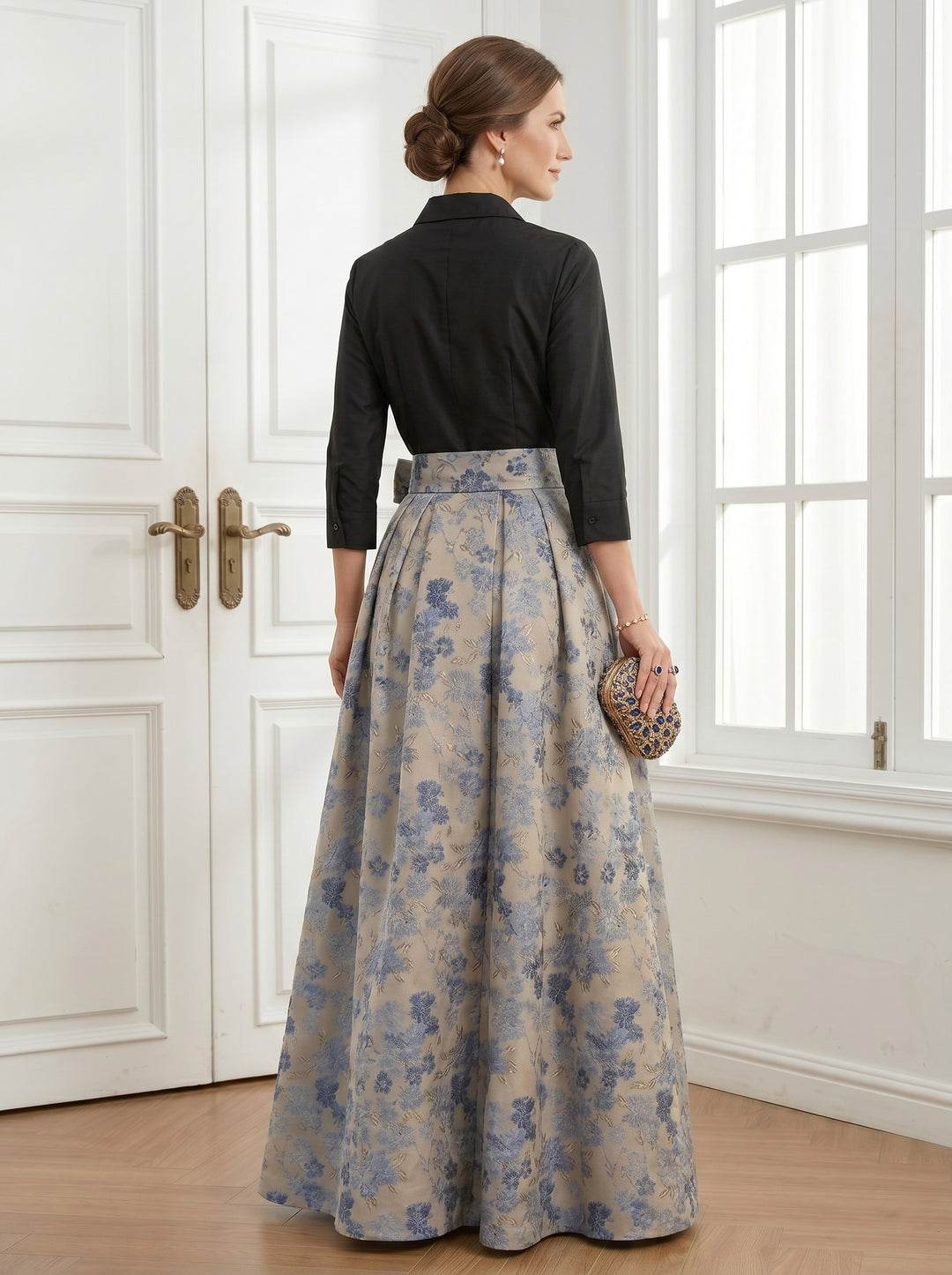 A-Line/Princess Shirt Collar Jacquard Mother of the Bride Dresses Bowknot Floral 3/4 Sleeves Floor Length