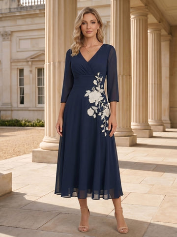 A-Line/Princess V-Neck Chiffon Mother of the Bride Dresses Tea-Length 3/4 Sleeves Lace Floral