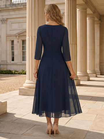 A-Line/Princess V-Neck Chiffon Mother of the Bride Dresses Tea-Length 3/4 Sleeves Lace Floral