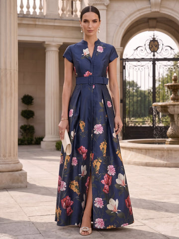 A-Line/Princess V-Neck Printed Satin Mother of the Bride Dresses with Split Side Floral Short Sleeves Floor Length Belt