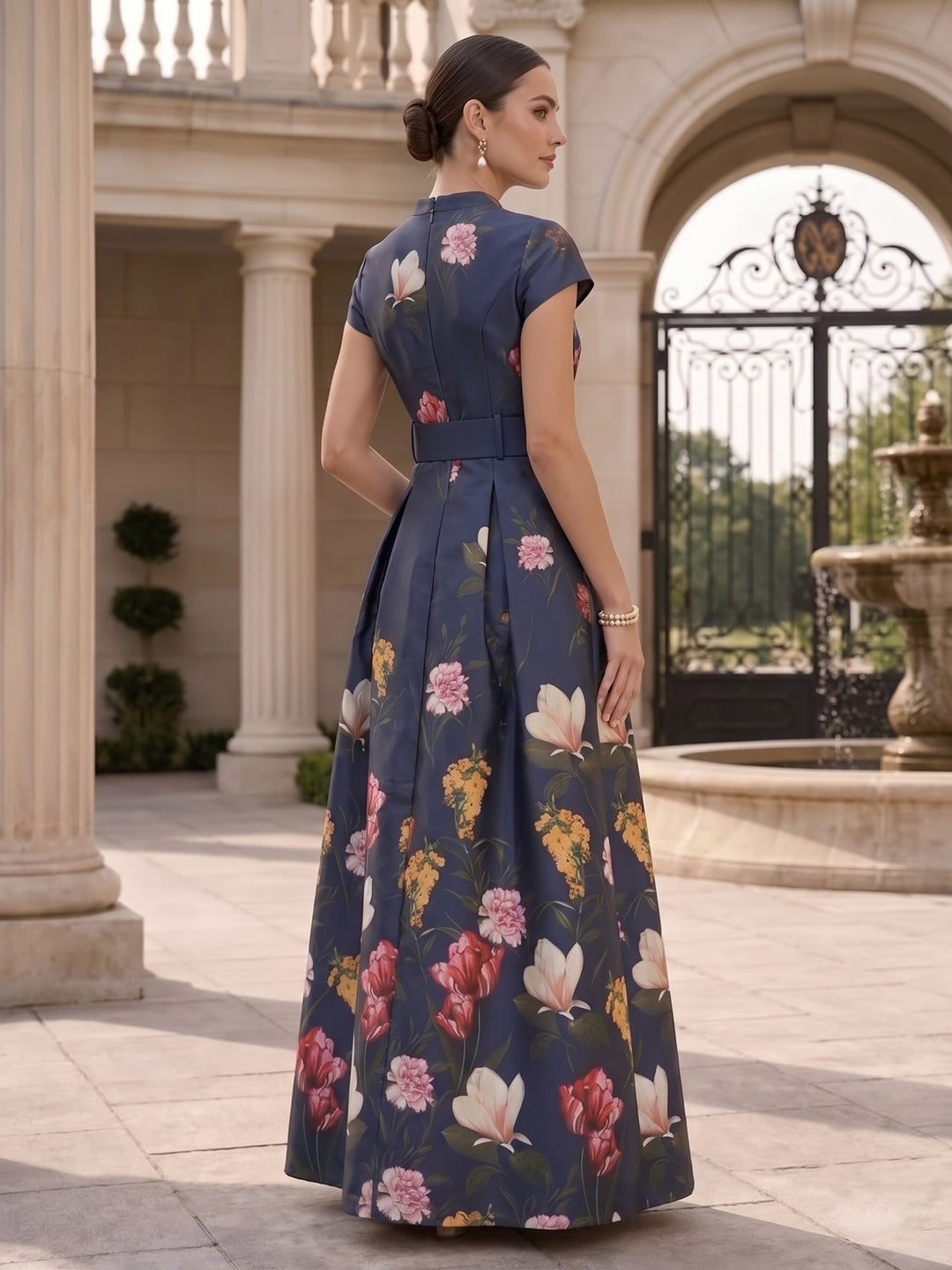 A-Line/Princess V-Neck Printed Satin Mother of the Bride Dresses with Split Side Floral Short Sleeves Floor Length Belt