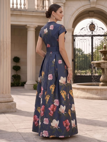 A-Line/Princess V-Neck Printed Satin Mother of the Bride Dresses with Split Side Floral Short Sleeves Floor Length Belt