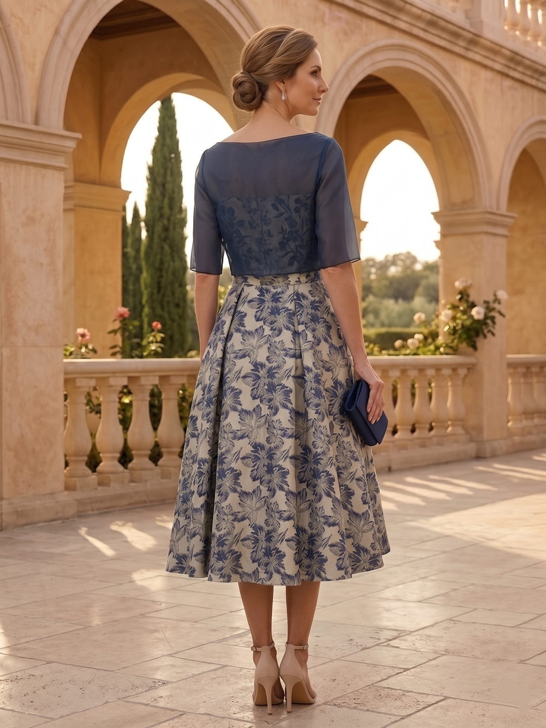 A-Line/Princess Strapless Jacquard Mother of the Bride Dresses with Wrap Floral Sleeveles Tea Length