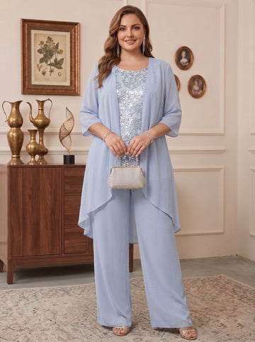 3 Pieces Suit Chiffon Plus Size Mother of the Bride Pantsuits with Jacket Scoop 3/4 Sleeves Ankle Length Lace