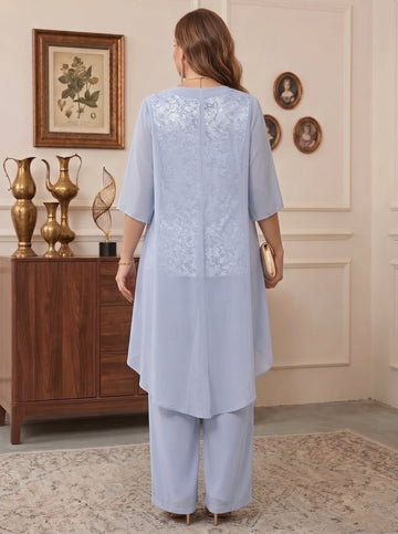 3 Pieces Suit Chiffon Plus Size Mother of the Bride Pantsuits with Jacket Scoop 3/4 Sleeves Ankle Length Lace
