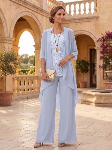3 Pieces Suit Chiffon Mother of the Bride Pantsuits with Jacket Scoop 3/4 Sleeves Ankle Length Lace