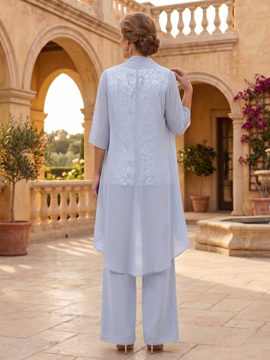 3 Pieces Suit Chiffon Mother of the Bride Pantsuits with Jacket Scoop 3/4 Sleeves Ankle Length Lace