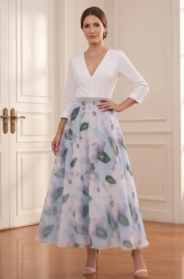 A-Line/Princess V-Neck Satin Mother of the Bride Dresses 3/4 Sleeves Chiffon Floral Tea-Length Sash