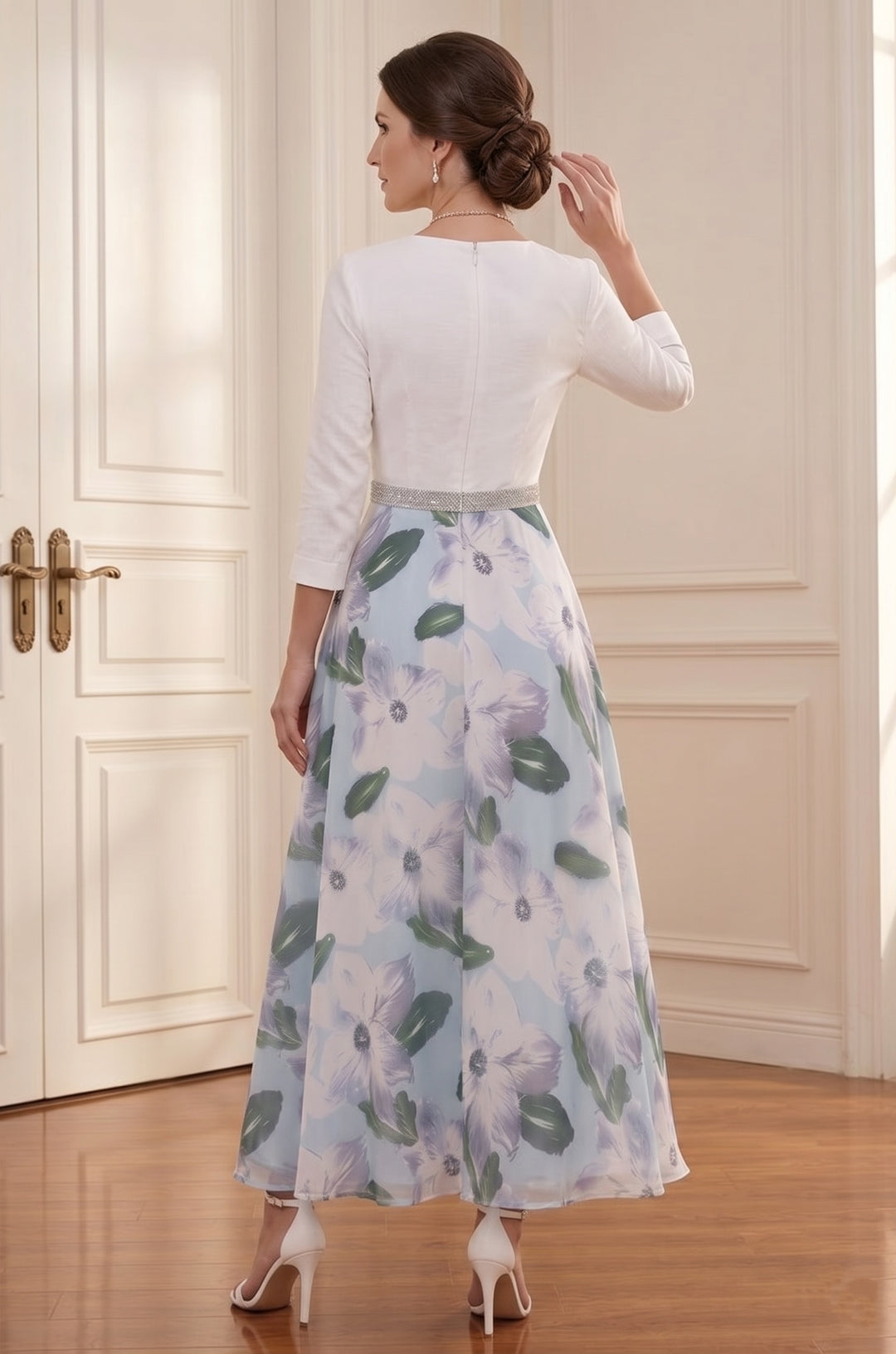 A-Line/Princess V-Neck Satin Mother of the Bride Dresses 3/4 Sleeves Chiffon Floral Tea-Length Sash