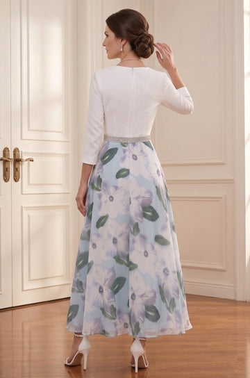 A-Line/Princess V-Neck Satin Mother of the Bride Dresses 3/4 Sleeves Chiffon Floral Tea-Length Sash