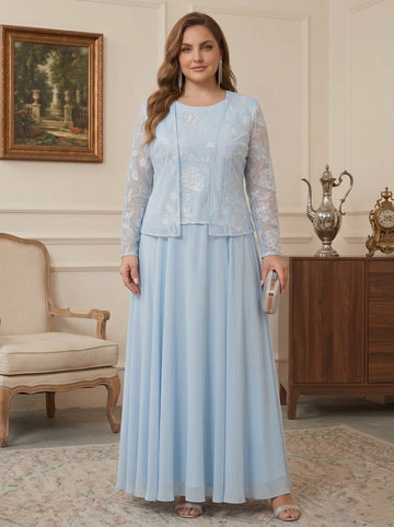 3 Pieces Suit A-Line/Princess Scoop Chiffon Plus Size Mother of the Bride Dresses with Jacket Lace Floral Ankle-Length Long Sleeves