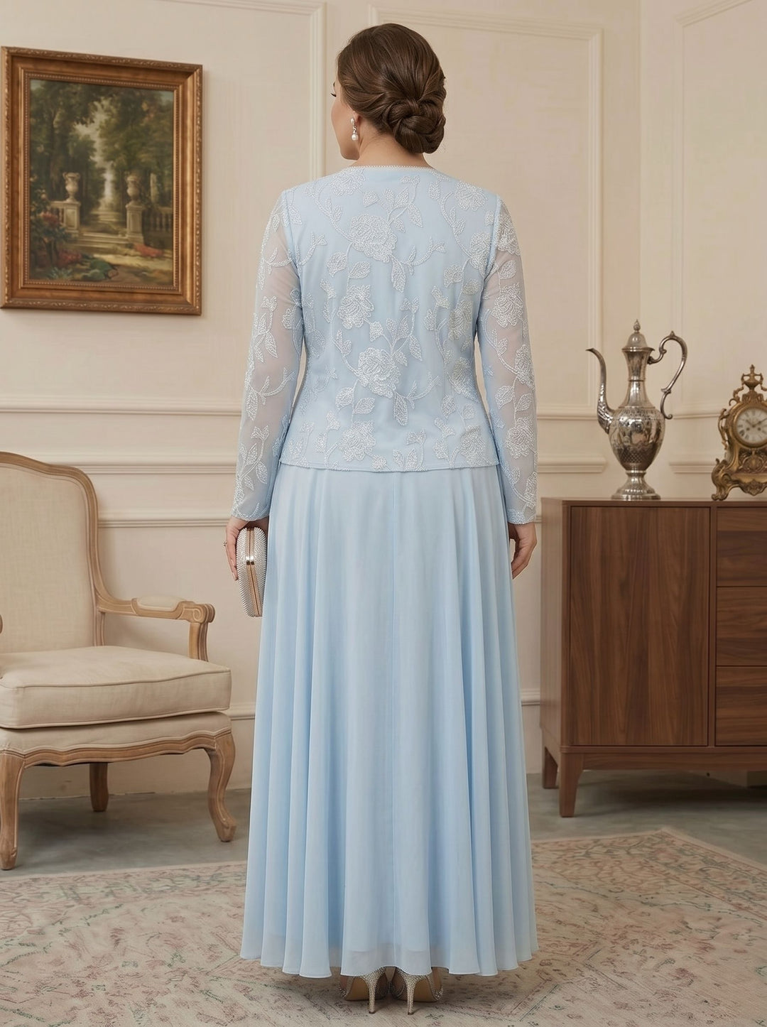 3 Pieces Suit A-Line/Princess Scoop Chiffon Plus Size Mother of the Bride Dresses with Jacket Lace Floral Ankle-Length Long Sleeves