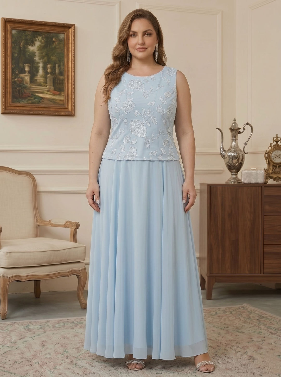 3 Pieces Suit A-Line/Princess Scoop Chiffon Plus Size Mother of the Bride Dresses with Jacket Lace Floral Ankle-Length Long Sleeves