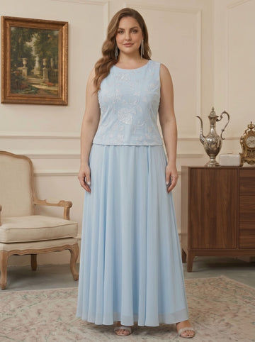3 Pieces Suit A-Line/Princess Scoop Chiffon Plus Size Mother of the Bride Dresses with Jacket Lace Floral Ankle-Length Long Sleeves