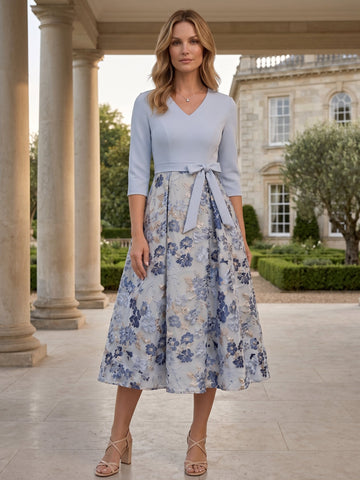 A-Line/Princess V-Neck Jacquard Mother of the Bride Dresses 3/4 Sleeves Floral Tea-Length Bowknot