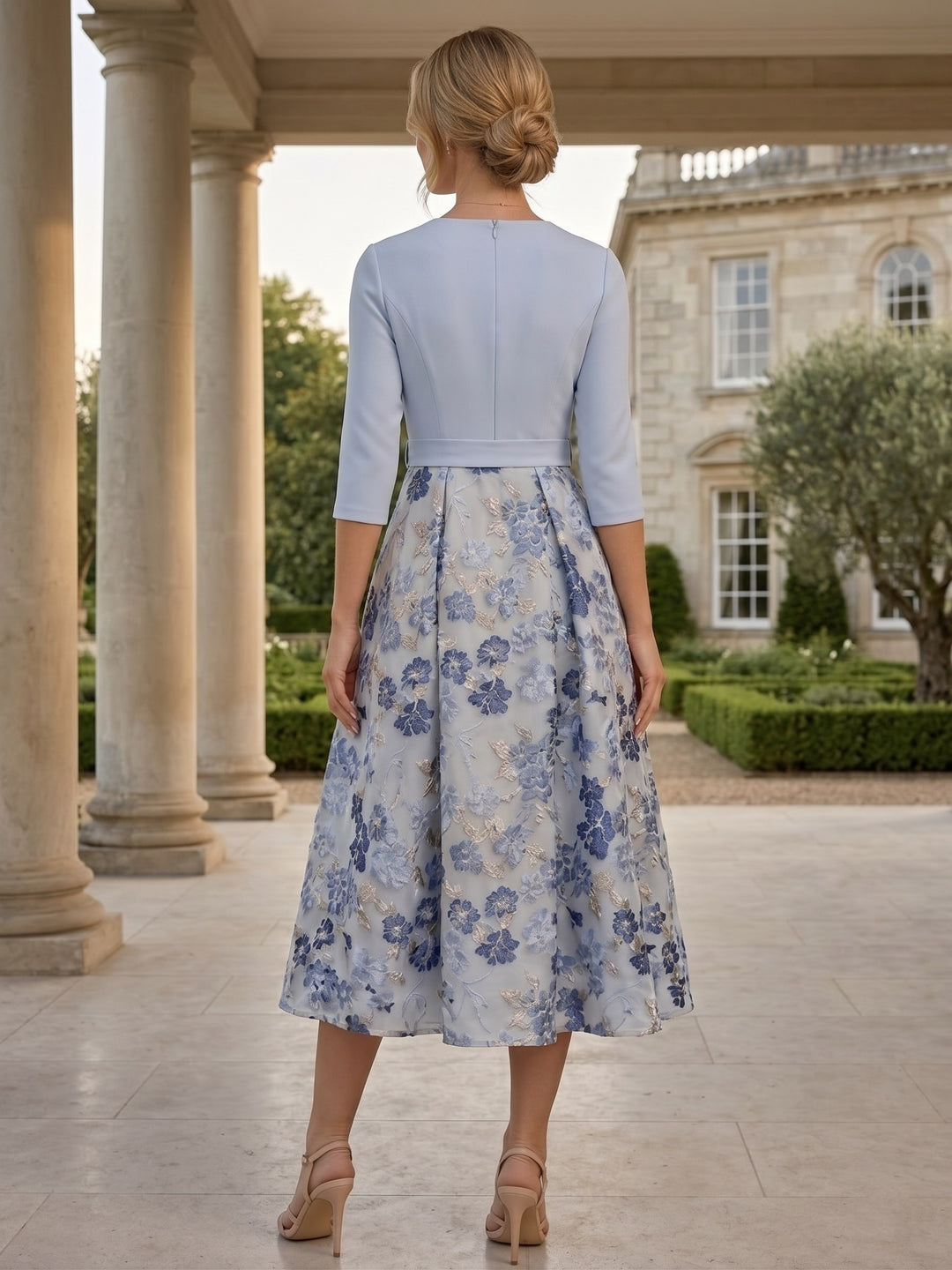 A-Line/Princess V-Neck Jacquard Mother of the Bride Dresses 3/4 Sleeves Floral Tea-Length Bowknot