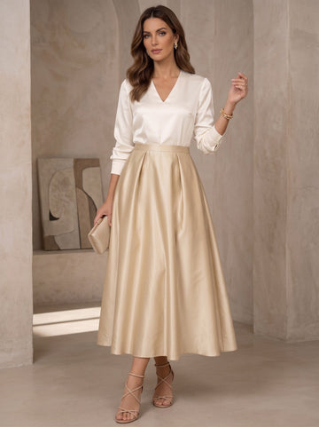 A-Line/Princess V-Neck Satin Mother of the Bride Dresses 3/4 Sleeves Tea-Length Pleated