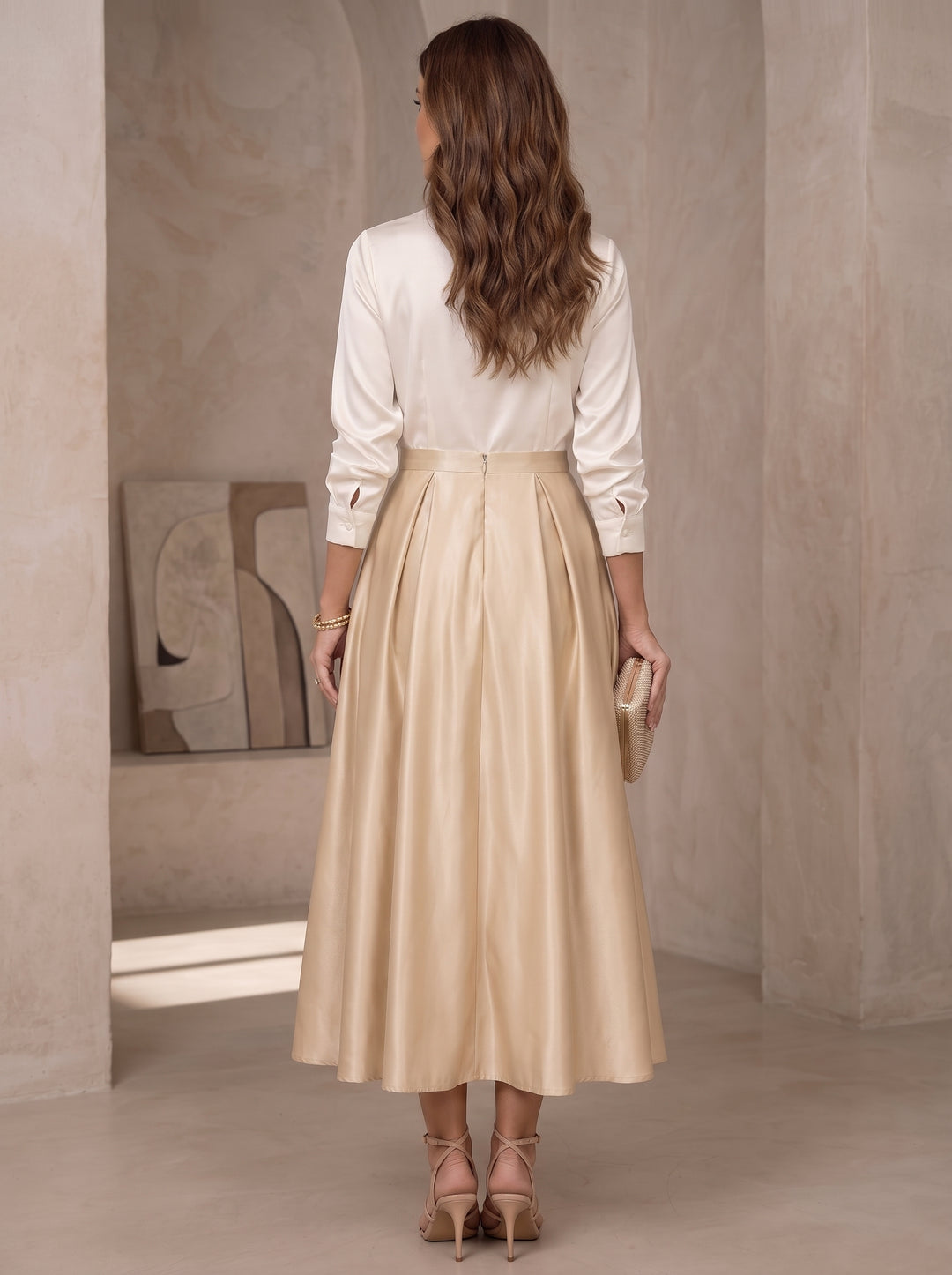 A-Line/Princess V-Neck Satin Mother of the Bride Dresses 3/4 Sleeves Tea-Length Pleated