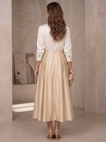 A-Line/Princess V-Neck Satin Mother of the Bride Dresses 3/4 Sleeves Tea-Length Pleated