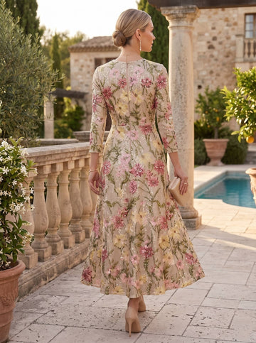 A-Line/Princess Scoop Sequins Mother of the Bride Dresses 3/4 Sleeves Floral Ankle-Length