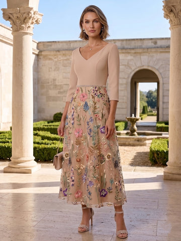 A-Line/Princess V-Neck Satin Mother of the Bride Dresses 3/4 Sleeves Lace Embroidery Floral Ankle-Length Sash