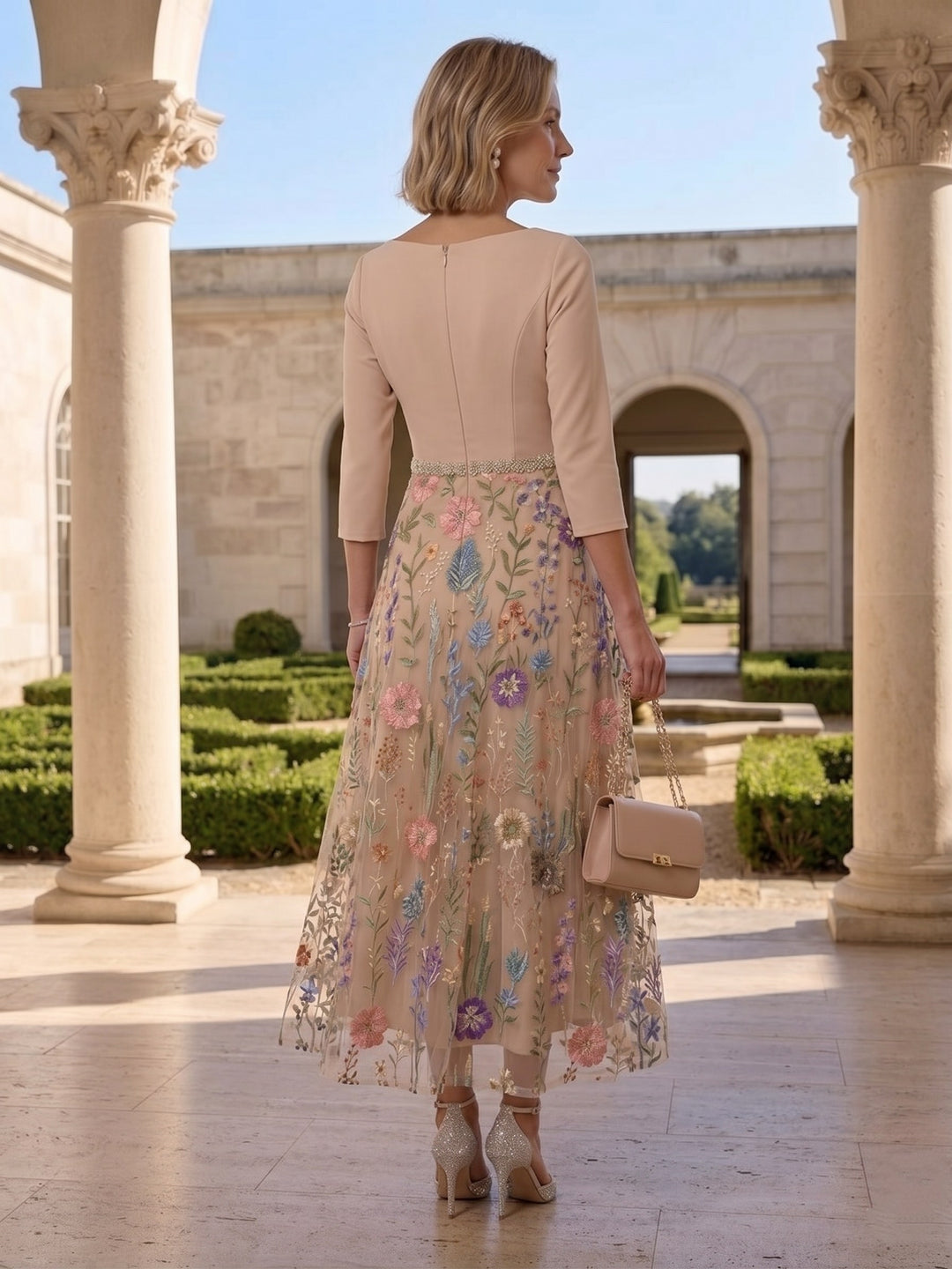 A-Line/Princess V-Neck Satin Mother of the Bride Dresses 3/4 Sleeves Lace Embroidery Floral Ankle-Length Sash