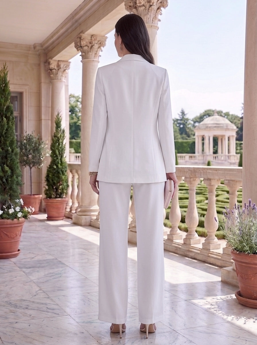 3 Pieces Suit Stretch Satin Mother of the Bride Pantsuits with Jacket Scoop Long Sleeves Lace Floral Ankle-Length