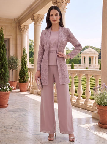 3 Pieces Suit Scoop Chiffon Mother of the Bride Pantsuits with Jacket Long Sleeves Ankle-Length Lace