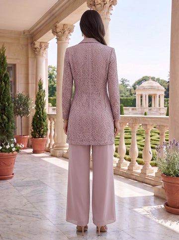 3 Pieces Suit Scoop Chiffon Mother of the Bride Pantsuits with Jacket Long Sleeves Ankle-Length Lace