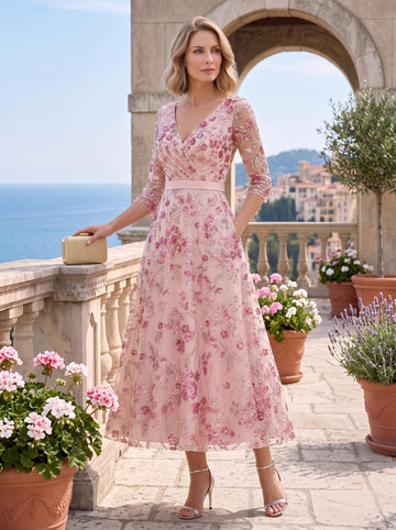 A-Line/Princess V-Neck Sequins Lace Mother of the Bride Dresses 3/4 Sleeves Floral Tea-Length