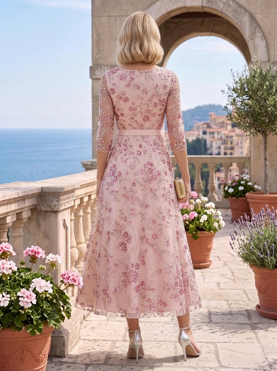 A-Line/Princess V-Neck Sequins Lace Mother of the Bride Dresses 3/4 Sleeves Floral Tea-Length