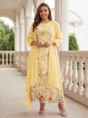 2 Pieces A-Line/Princess Scoop Chiffon Plus Size Mother of the Bride Dresses with Jacket Long Sleeves Ankle-Length Lace Floral