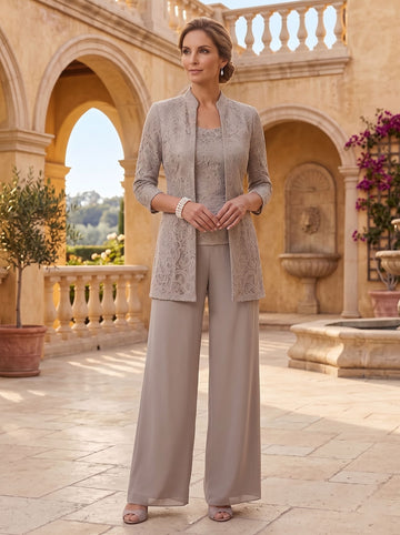 3 Pieces Suit Scoop Chiffon Mother of the Bride Pantsuits with Jacket 3/4 Sleeves Lace Ankle-Length