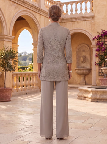 3 Pieces Suit Scoop Chiffon Mother of the Bride Pantsuits with Jacket 3/4 Sleeves Lace Ankle-Length
