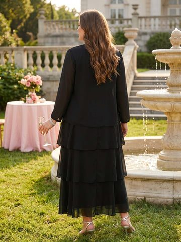 A-Line/Princess Scoop Long Sleeves Chiffon Ankle-Length Plus Size Mother of the Bride Dresses with Jacket & Ruffles
