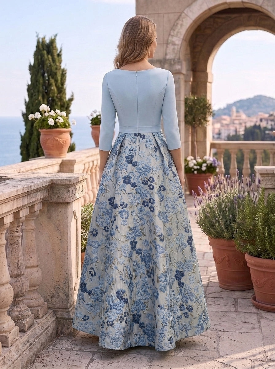 A-Line/Princess V-Neck Satin Mother of the Bride Dresses 3/4 Sleeves Floral Asymmetrical Floor-Length