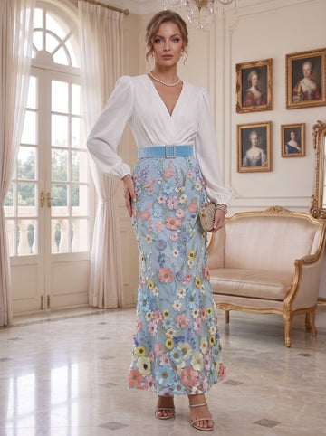 Trumpet/Mermaid V-Neck Taffeta Mother of the Bride Dresses Long Sleeves Ankle-Length Floral Belt