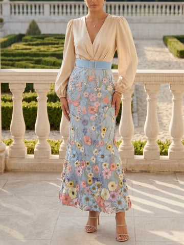 Trumpet/Mermaid V-Neck Taffeta Mother of the Bride Dresses Long Sleeves Ankle-Length Floral Belt