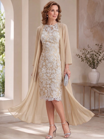 Sheath/Column Scoop Chiffon Mother of the Bride Dresses with Jacket Lace Floral 3/4 Sleeves Knee-Length