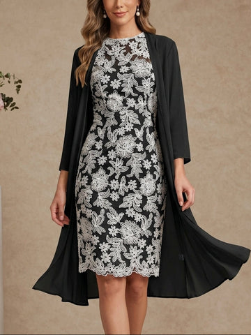 Sheath/Column Scoop Chiffon Mother of the Bride Dresses with Jacket Lace Floral 3/4 Sleeves Knee-Length