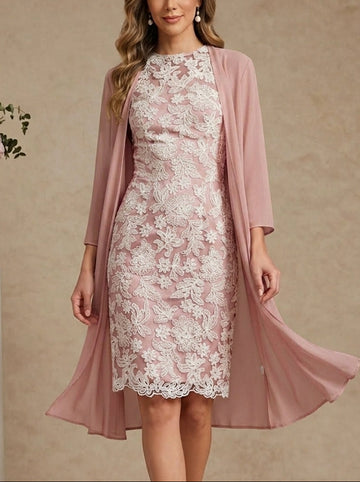 Sheath/Column Scoop Chiffon Mother of the Bride Dresses with Jacket Lace Floral 3/4 Sleeves Knee-Length