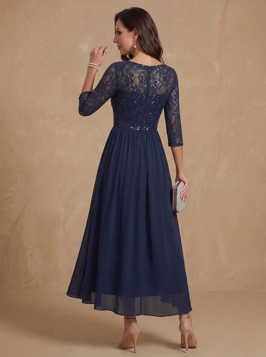 A-Line/Princess V-Neck Chiffon Mother of the Bride Dresses 3/4 Sleeves Lace Sequins Tea-Length