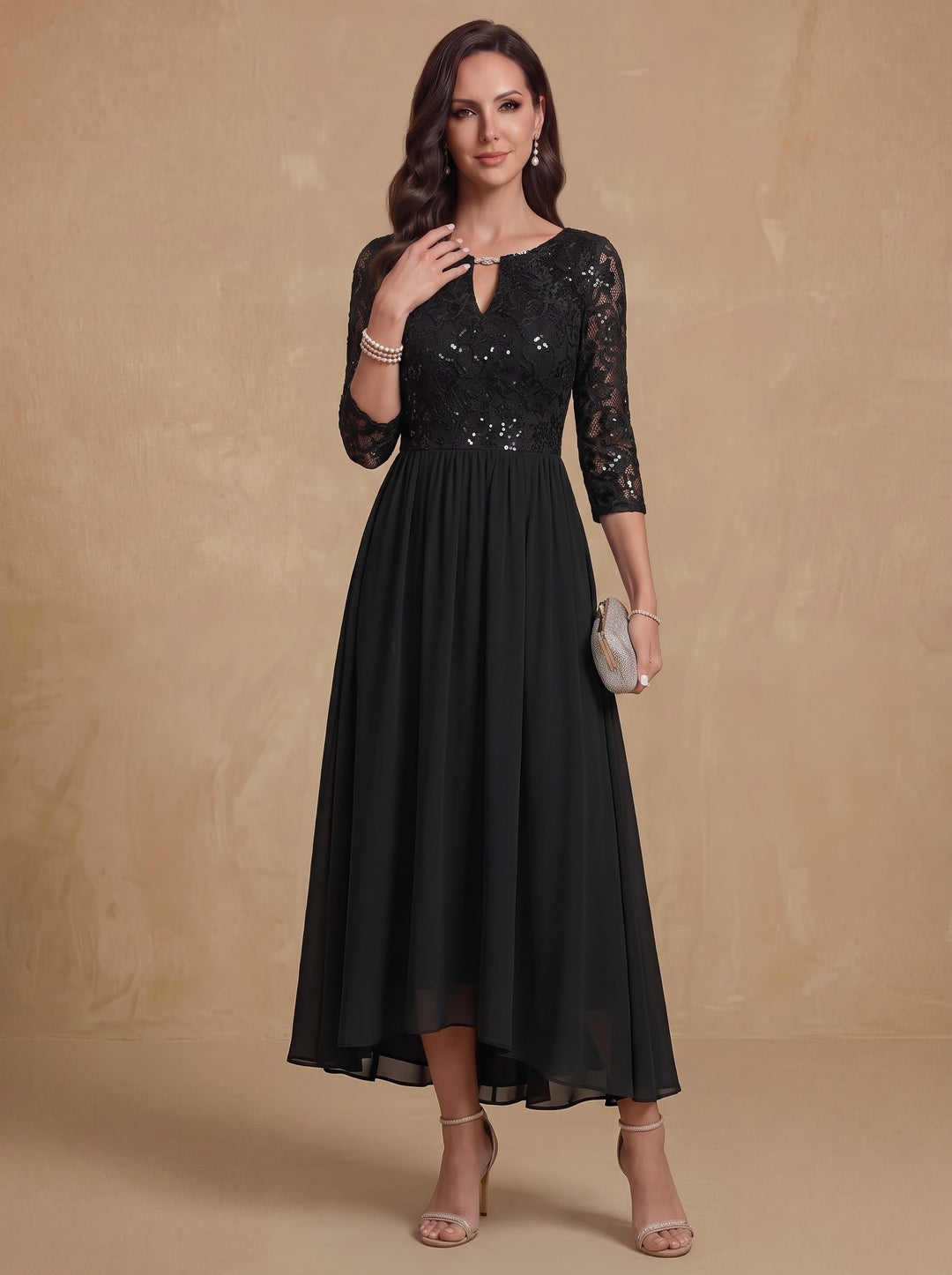 A-Line/Princess V-Neck Chiffon Mother of the Bride Dresses 3/4 Sleeves Lace Sequins Tea-Length