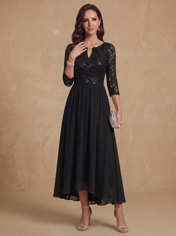 A-Line/Princess V-Neck Chiffon Mother of the Bride Dresses 3/4 Sleeves Lace Sequins Tea-Length