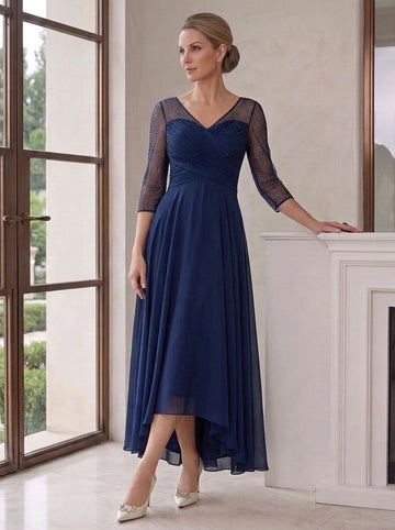 A-Line/Princess V-Neck Chiffon Mother of the Bride Dresses 3/4 Sleeves Sequins Asymmetrical Tea-Length