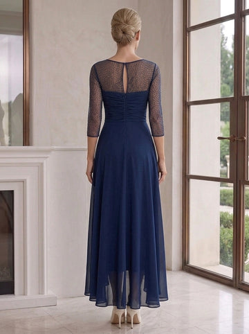 A-Line/Princess V-Neck Chiffon Mother of the Bride Dresses 3/4 Sleeves Sequins Asymmetrical Tea-Length